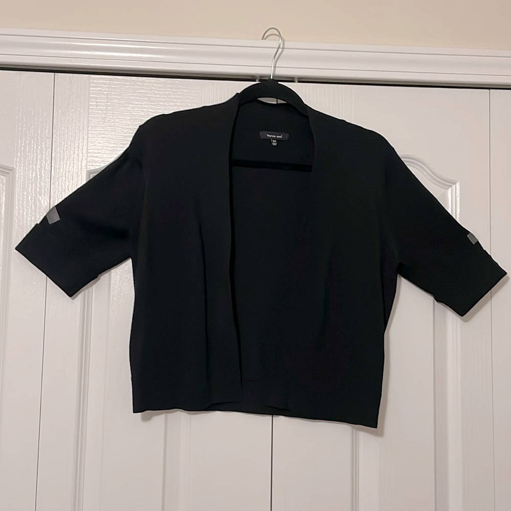 Verve Ami’ Black short sleeve sweater, open front, size Medium